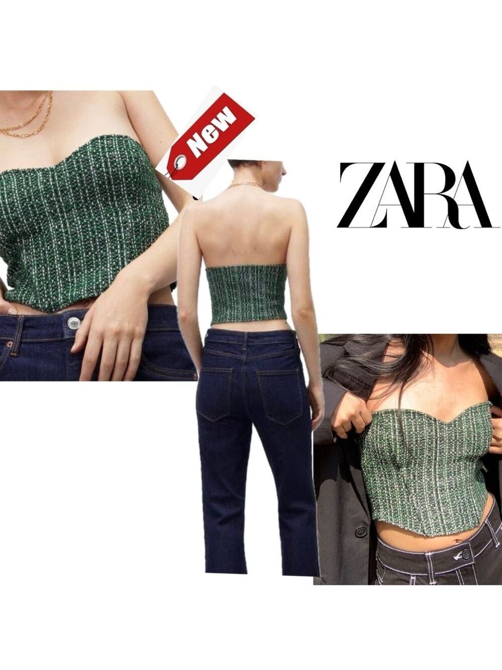 Zara green tweed bustier corset sweetheart neckline crop top Sz M NWT